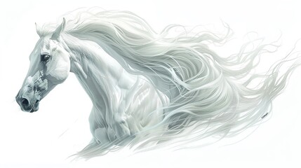 Fashion illustration, low angle view, full head of an imposing white horse with flying mane, full head, high resolution, on a white background