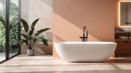 Fototapeta premium Luxurious bathroom with large bathtub and greenery