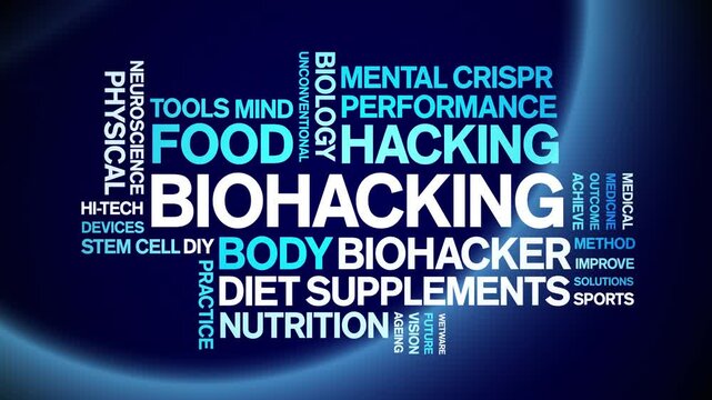 Biohacking animated word cloud;text design animation tag kinetic typography seamless loop.