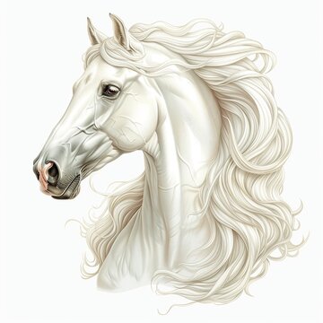 Fashion illustration, low angle view, full head of an imposing white horse with flying mane, full head, high resolution, on a white background
