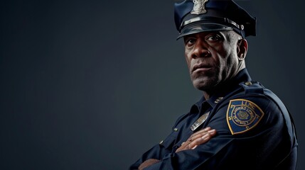 Photograph a stern police officer in uniform, their expression firm and resolute, standing against a dark backdrop that emphasizes their authority and commitment to duty.