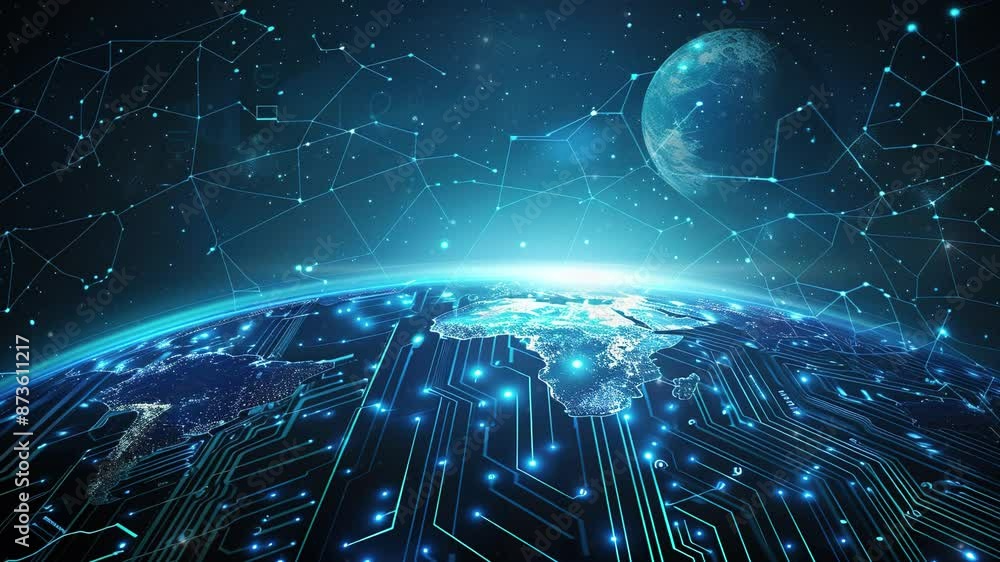 Poster futuristic network technology background. abstract blue digital earth with a global network and conn