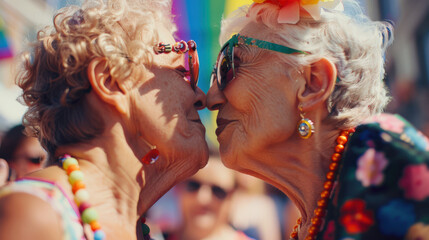 Obraz premium Two white elderly gray-haired women kissing at a gay pride parade. Two happy lovely women rub their noses against each other. The scene is carefree and playful. The LGBT community