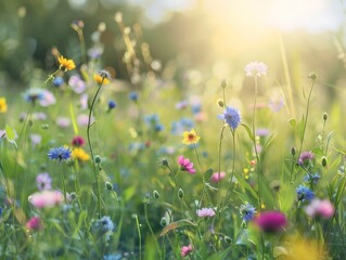 Beautiful meadow with wild flowers. Nature background. Soft focus - ai