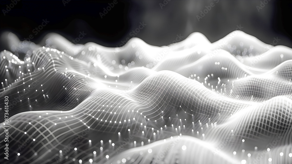 Poster mesmerizing kinetic data sculpture of flowing hypnotic infographics and charts with a minimalist mon