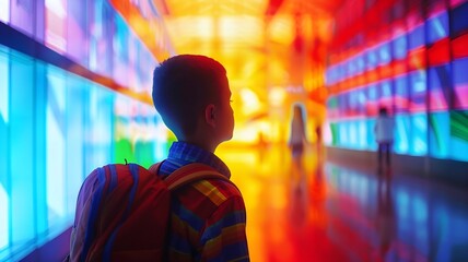  A school boy standing in front of a vibrant, colorful background, representing a futuristic back-to-school concept. 
