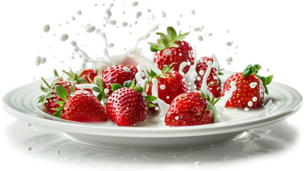 A plate with strawberries and milk splash isolated on white background