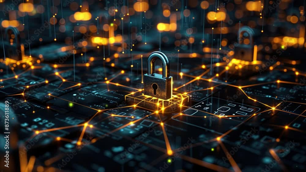 Poster abstract futuristic technology background. network of interconnected glowing padlocks in the style o