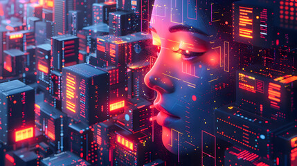 Futuristic isometric of an symposium featuring geometric character designs holographic data visualizations speech bubbles in a modular grid and Bauhaus inspired minimalist architecture