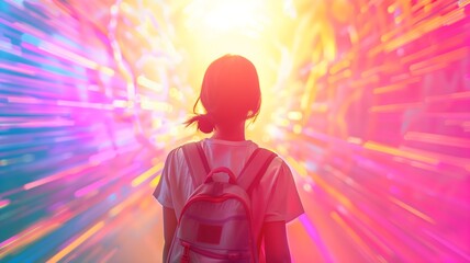  A school girl standing in front of a vibrant, colorful background, representing a futuristic back-to-school concept. 
