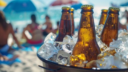 Beer bottles in ice bucket on beach, people enjoying summer day in background, refreshing drinks