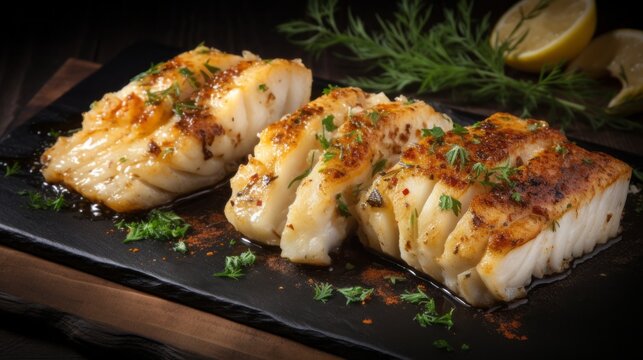 Delicious fillets of pollock or coalfish on rustic wooden table, fresh seafood concept with lemon and herbs
