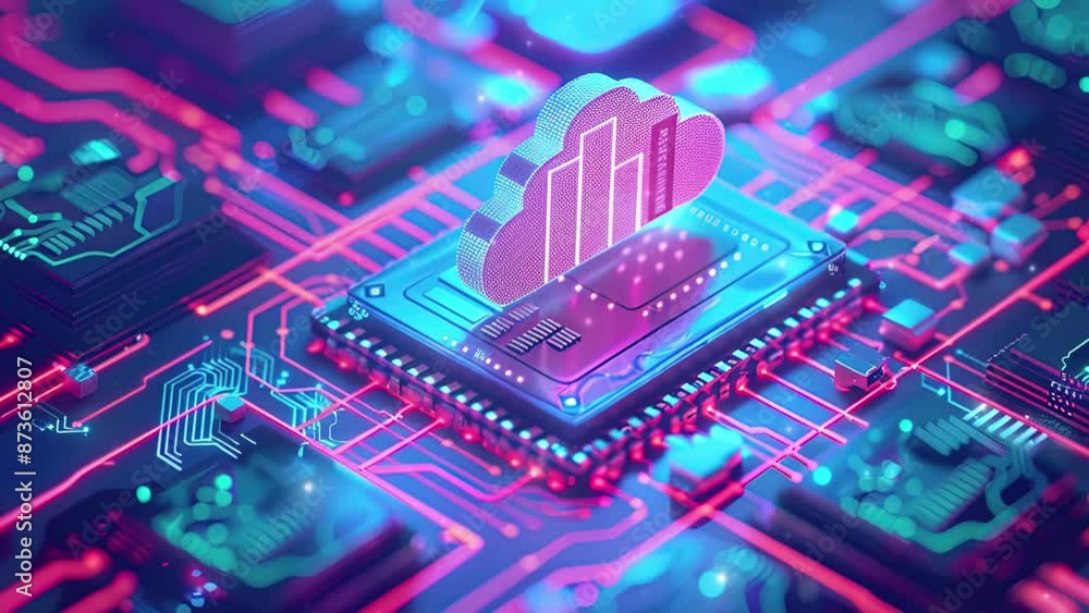 Poster a cloud technology with isometric icons on circuit board. abstract futuristic digital network connec