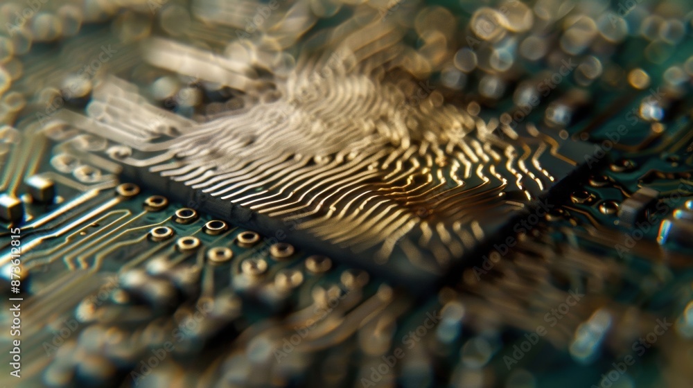 Poster detailed close-up of a microchip with intricate gold circuits, showcasing advanced technology and el