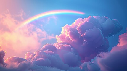 A beautiful rainbow arches over soft pink clouds, creating a dreamy and serene sky scene.
