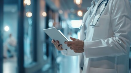 A doctor in a white coat uses a digital tablet in a modern hospital, highlighting technology in healthcare.
