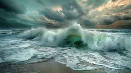Powerful ocean waves crash against the shore under a stormy sky, creating a dramatic and intense seascape.