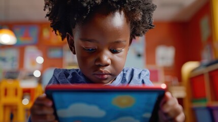 A young child intently focused on a tablet, engaging in digital learning in a colorful classroom environment.