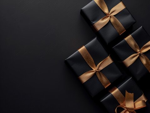 Black Friday. Cyber Monday. Black christmas boxes with golden ribbon on black background - ai