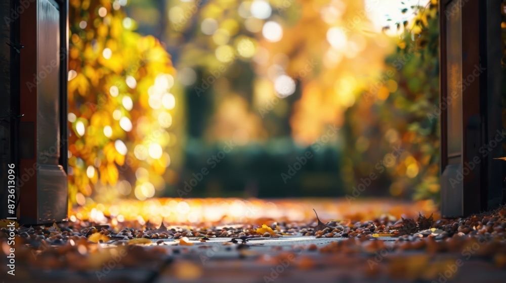 Poster a serene autumn pathway with golden leaves and bokeh effect, creating a warm and inviting atmosphere
