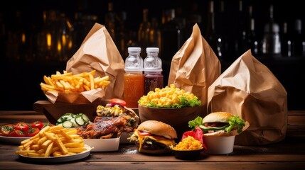 Diverse selection of tasty foods from delivery service, arranged on rustic wooden background

