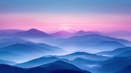 Obraz premium Serene misty mountain ranges with a beautiful sunrise, creating a peaceful and picturesque landscape.