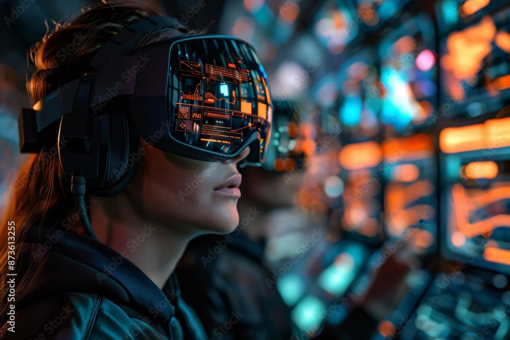Aufkleber person in vr headset exploring virtual reality with colorful futuristic interface. high-tech digital