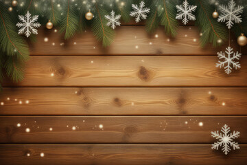 Fototapeta premium Rustic Wooden Planks with Snowflakes Background