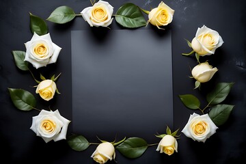 White blank condolence card with fresh Rose flowers on the dark background. Empty place for a text	