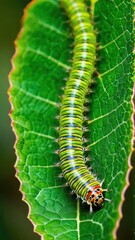 Fototapeta premium Ascending Serenity, The Green Caterpillar's Journey on Leafy Canvas