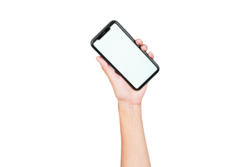 Female hand holding phone isolated transparent