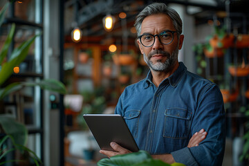 Confident Mature Man with Tablet in Modern Indoor Garden Setting