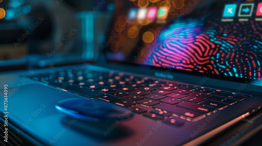 Poster a laptop on the table encrypted with fingerprint authentication modern digital cyber security techno