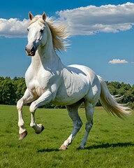 A majestic white horse galloping freely in a lush green meadow under a clear blue sky, peaceful, beautiful, graceful