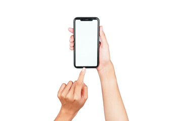 Female hand holding phone isolated transparent