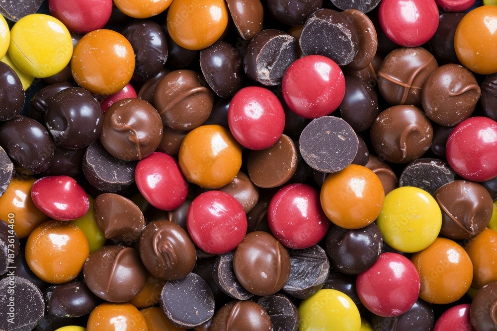 Aufkleber assorted colorful chocolate candies arranged in a seamless pattern background for top view photograp
