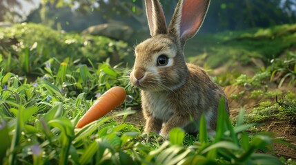 Cute Bunny with Carrot in a Green Meadow.