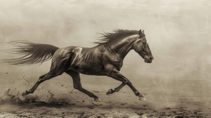 Running Horse in Sepia Tone.
