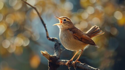 Bird Singing On Branch With Bokeh Background.