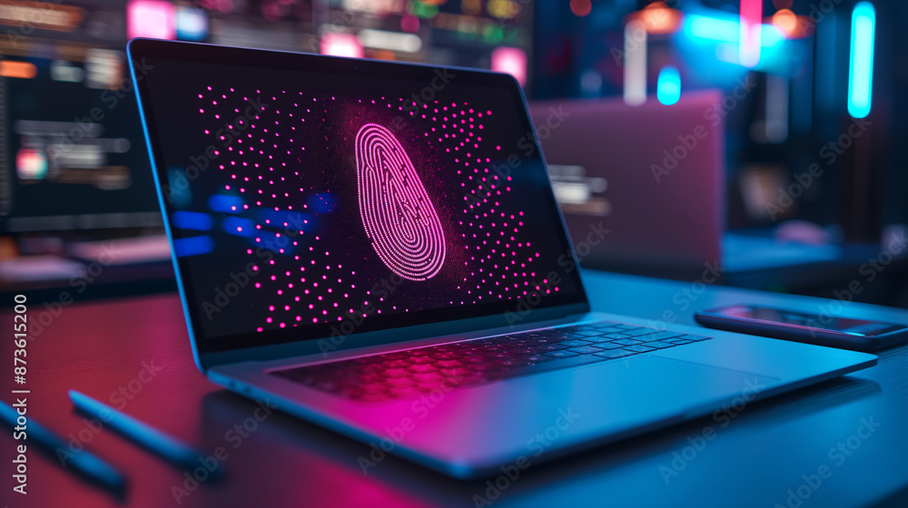 Poster a laptop on the table encrypted with fingerprint authentication modern digital cyber security techno