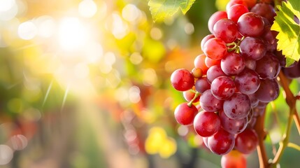 Vibrant Red Grapes Illuminated by Warm Autumn Sunlight in a Lush Vineyard Landscape