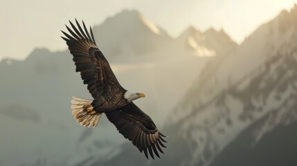 Bald Eagle Soaring Above Mountains at Sunset.