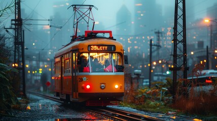 Fototapeta premium Minimalist Tram Carrying Shoppers with Black Friday Bags in Industrial Zone