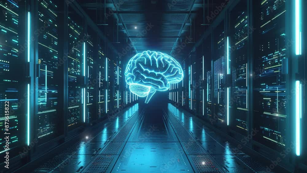 Poster futuristic technology background. 3d render of a glowing brain inside a server room with a data cent