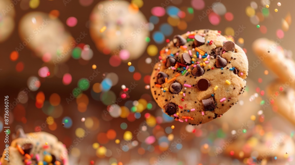 Poster chocolate chip cookies with colorful confetti sprinkles floating around, creating a fun and festive 