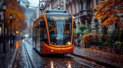 Obraz premium Modern trolleybus in a historic city center, adorned with Black Friday shopping bags and cultural deals.