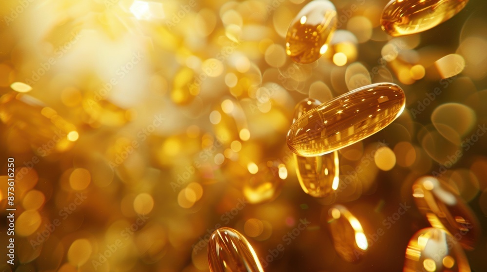 Poster golden capsules floating against a bokeh background, creating a shimmering and luxurious visual effe
