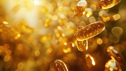 Golden capsules floating against a bokeh background, creating a shimmering and luxurious visual effect.