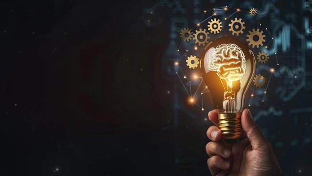 Digital technology background. Hand holding lightbulb and brain icon for smart technology innovation concept. Futuristic technology. Smart network connection structure. Modern Tech. Copy space area