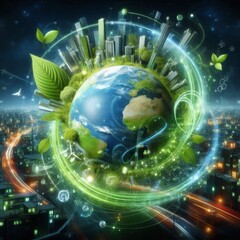 A vibrant green earth intertwined with a futuristic cityscape, symbolizing eco-friendly living and sustainable energy solutions